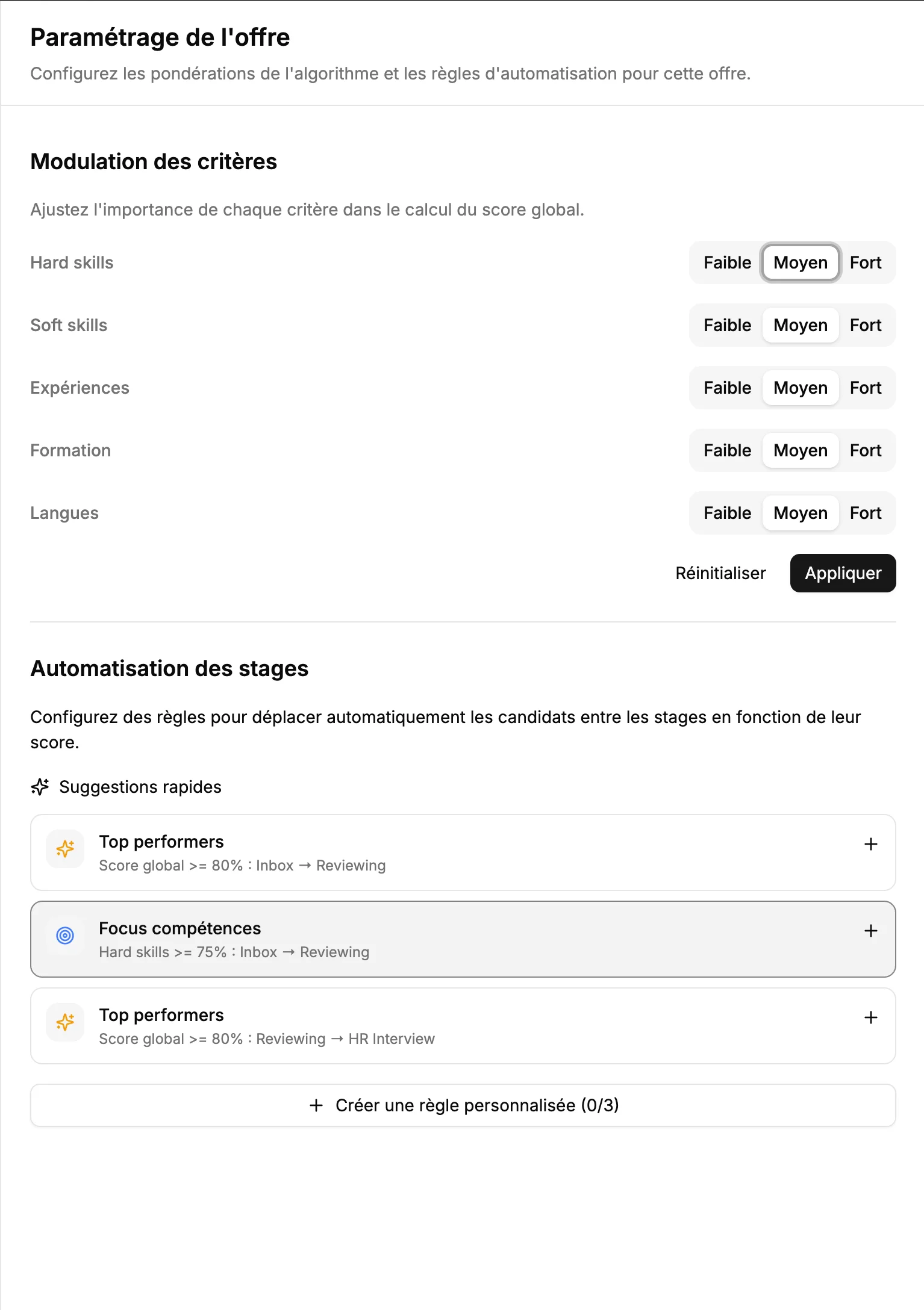 Paramétrage des critères de scoring